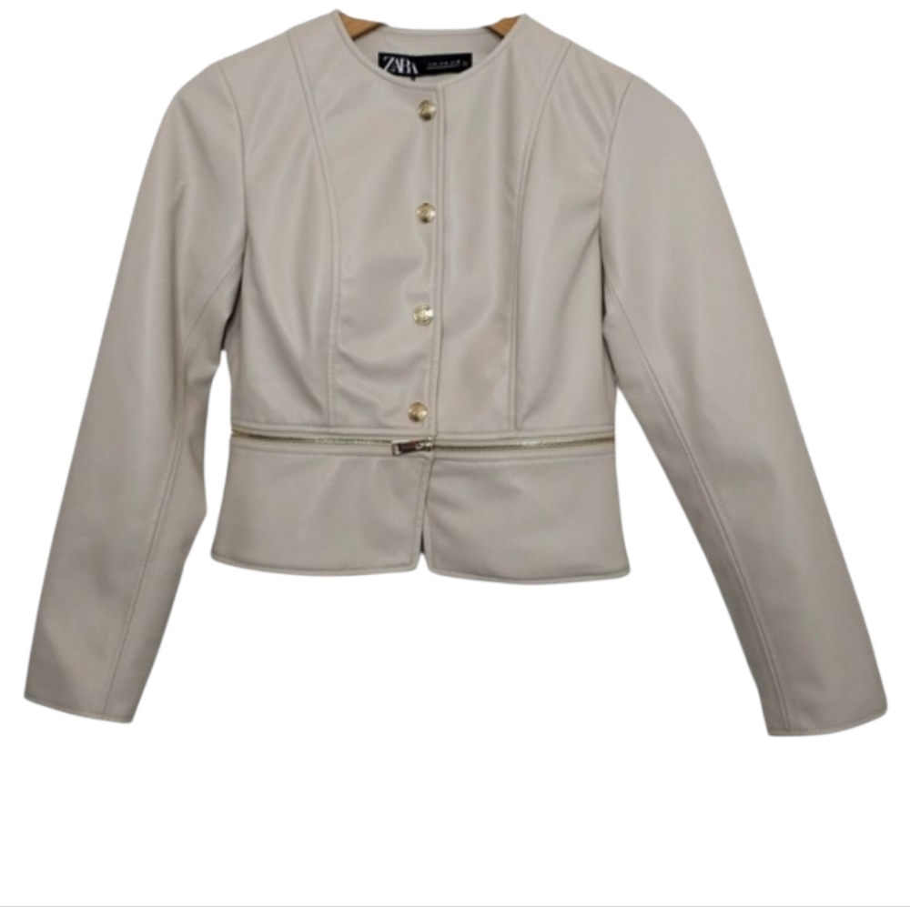 TREND ALERT Zara Cream Faux Leather Crop Round Neck Jacket Gold Detail women's S